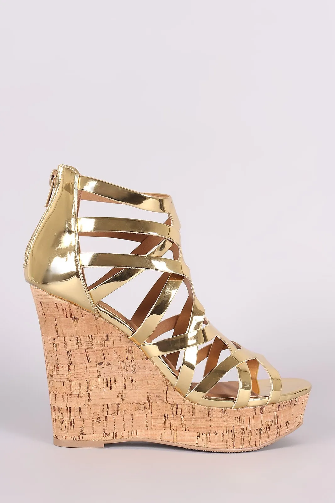 Qupid Shiny Metallic Strappy Caged Open Toe Cork Platform Wedge