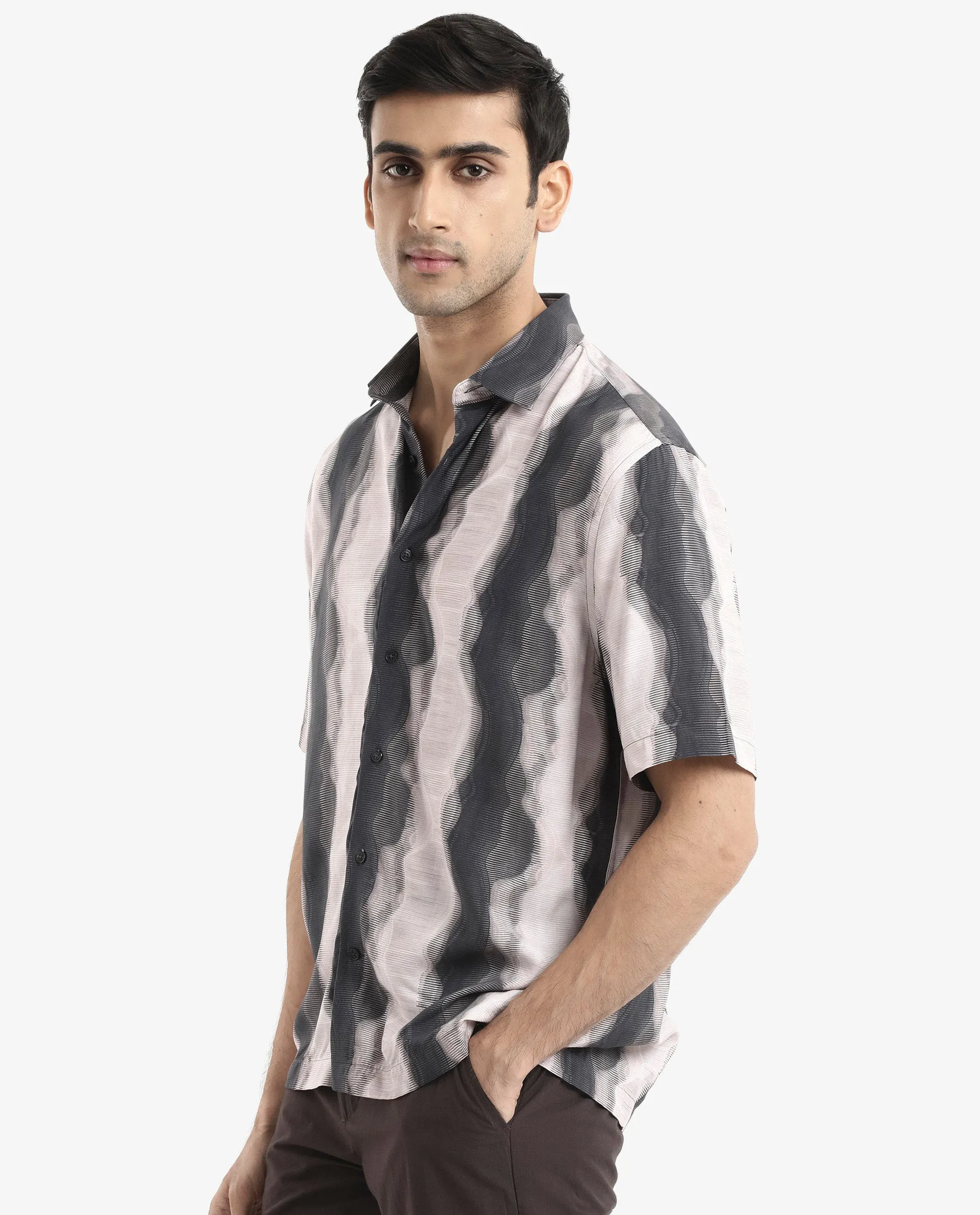 Rare Rabbit Men's Covel Black Viscose Fabric Regular Collar Half Sleeves Abstract Stripe Print Shirt