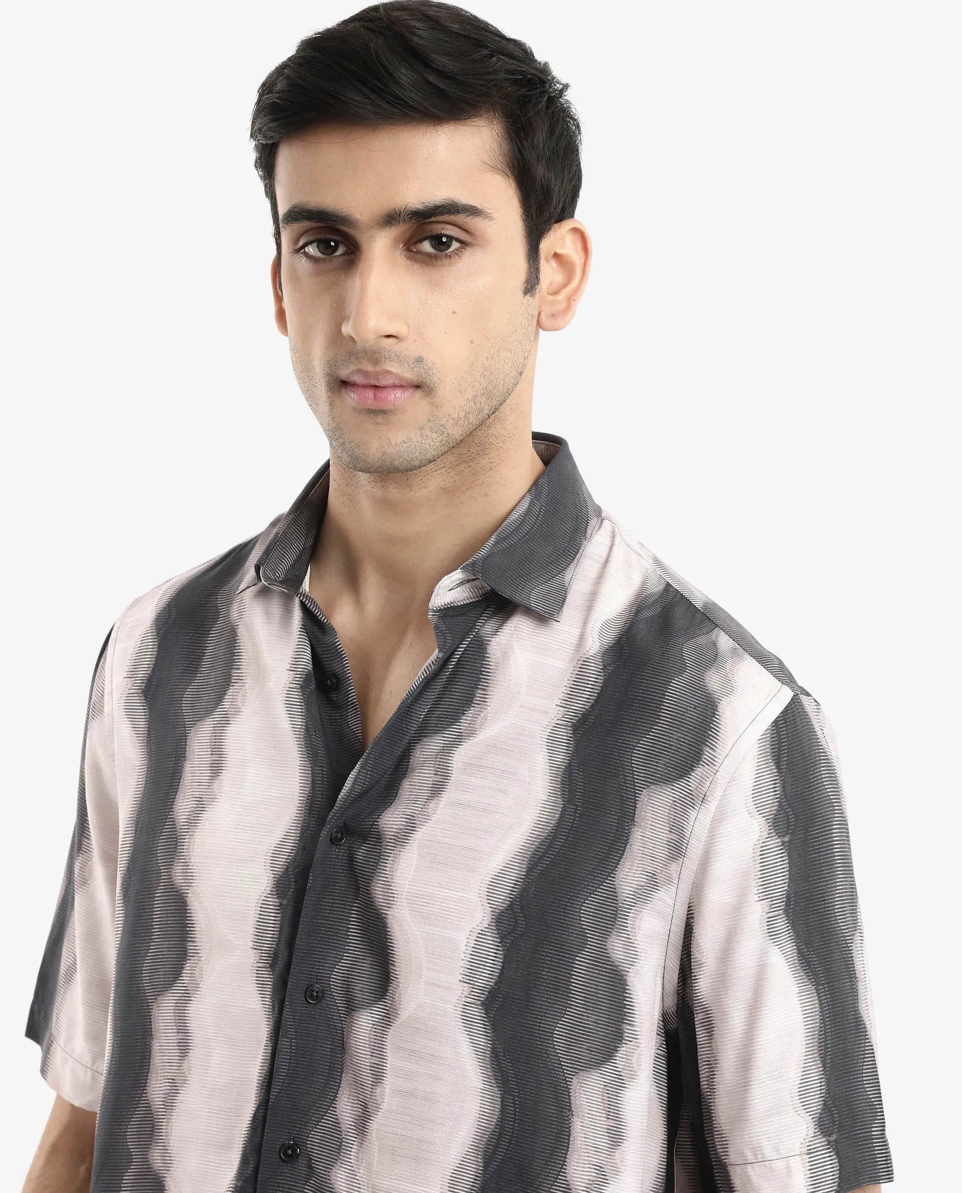 Rare Rabbit Men's Covel Black Viscose Fabric Regular Collar Half Sleeves Abstract Stripe Print Shirt