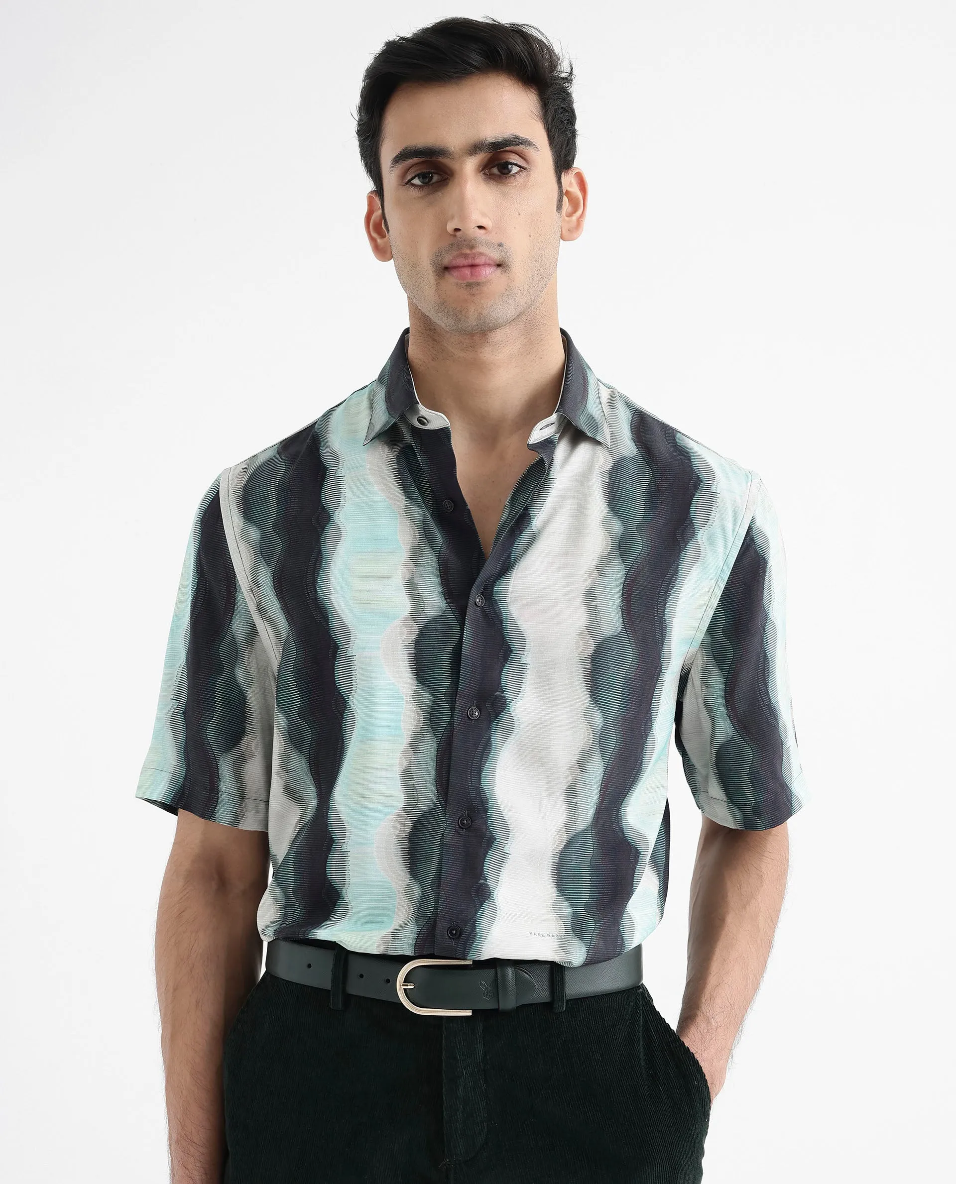 Rare Rabbit Men's Covel Dark Turq Viscose Fabric Regular Collar Half Sleeves Abstract Stripe Print Shirt