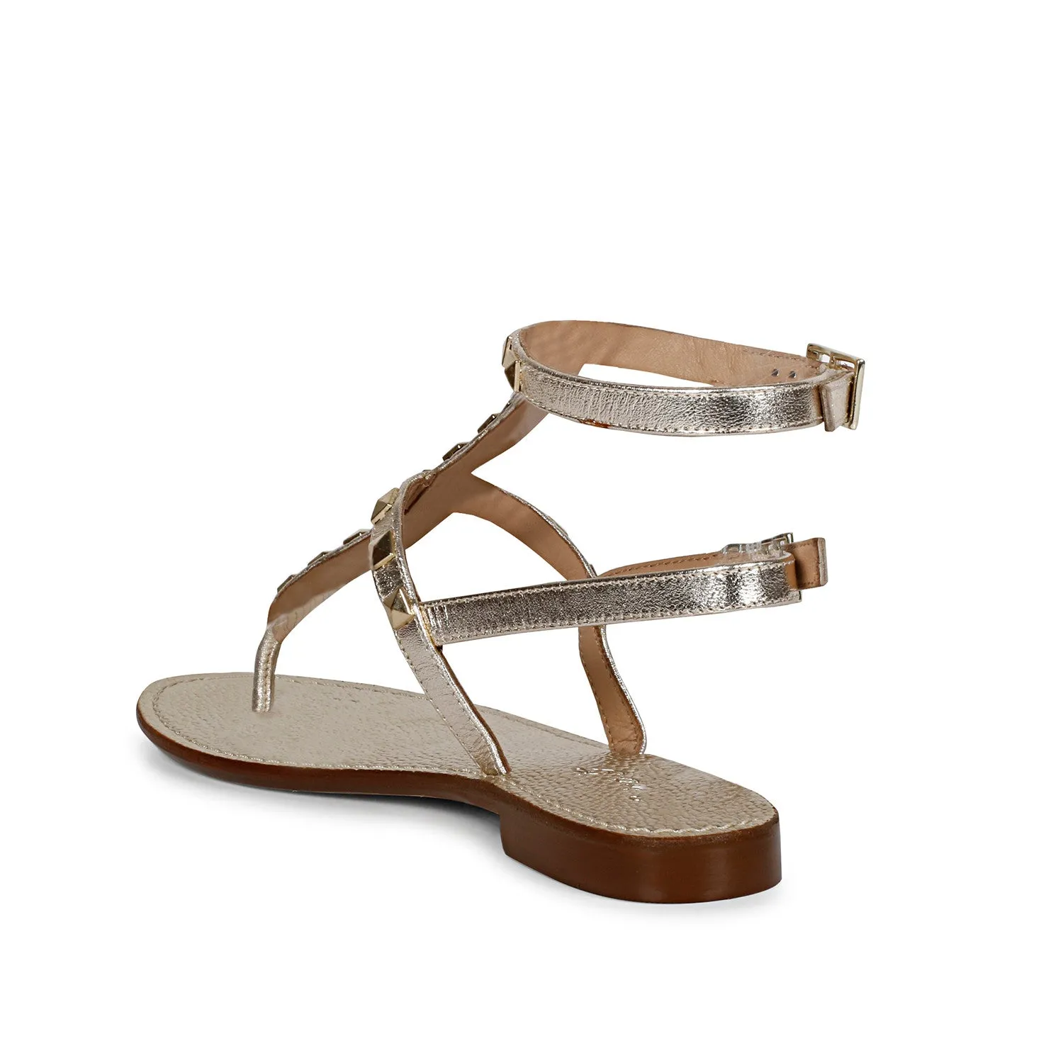 Saint Irene Platin Leather Metal Studded Flat Sandals.