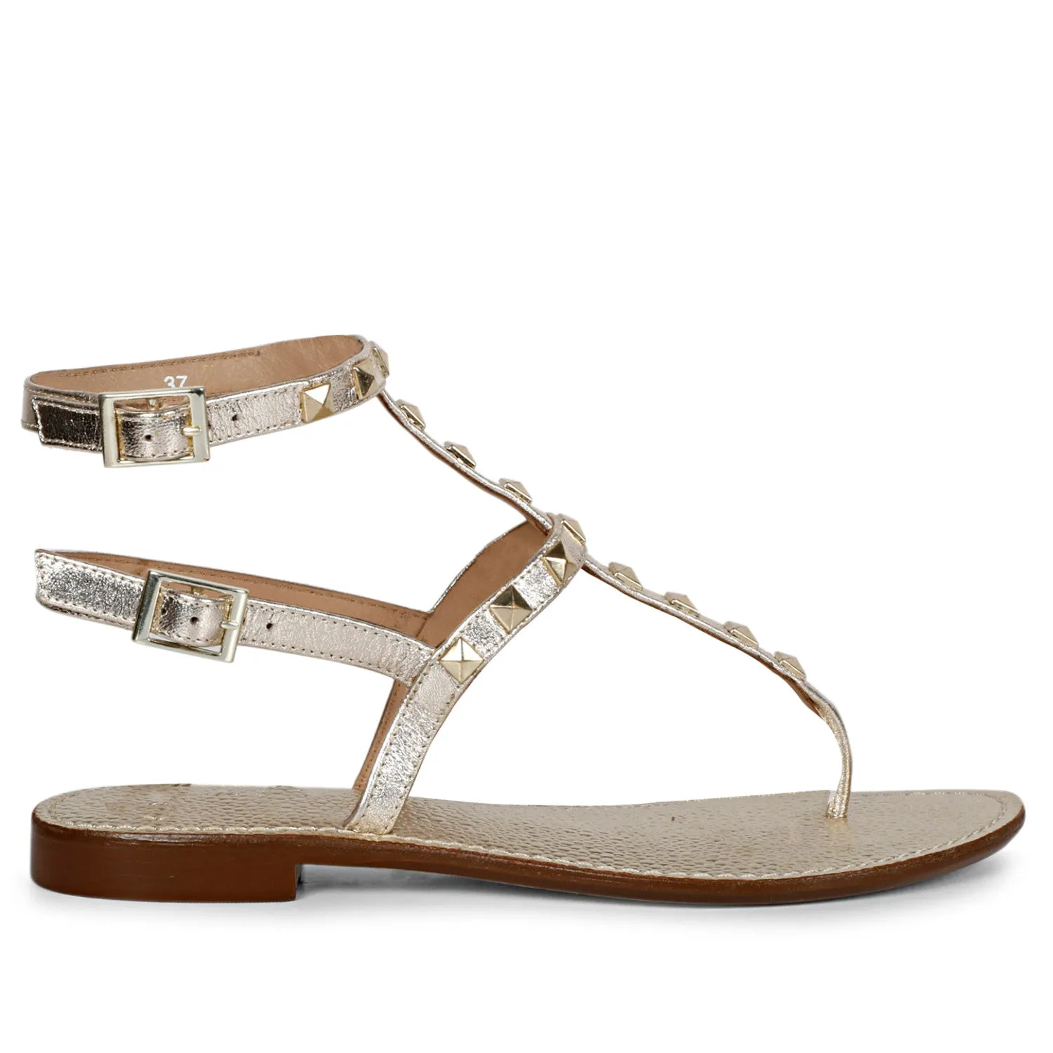 Saint Irene Platin Leather Metal Studded Flat Sandals.