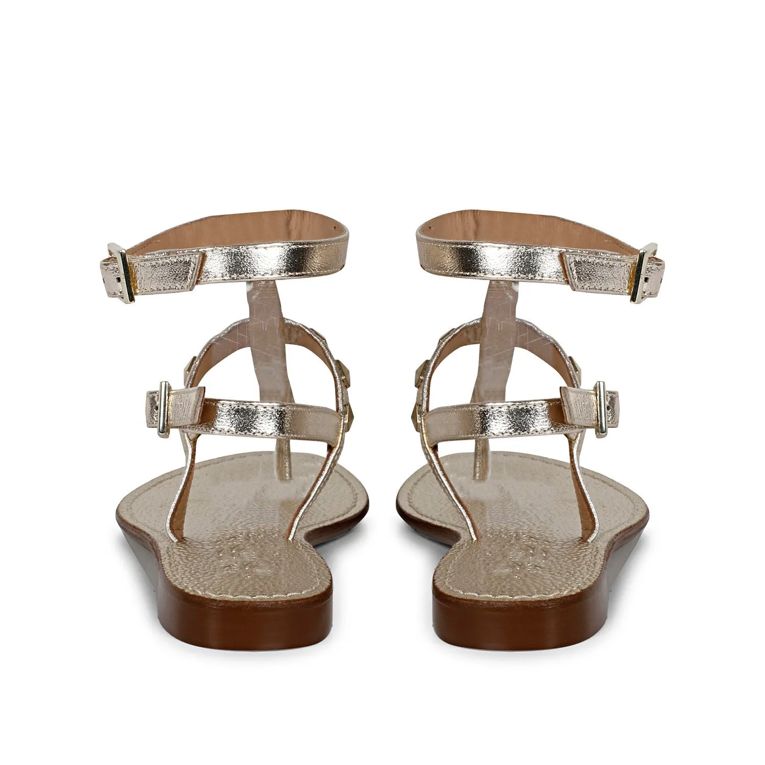 Saint Irene Platin Leather Metal Studded Flat Sandals.