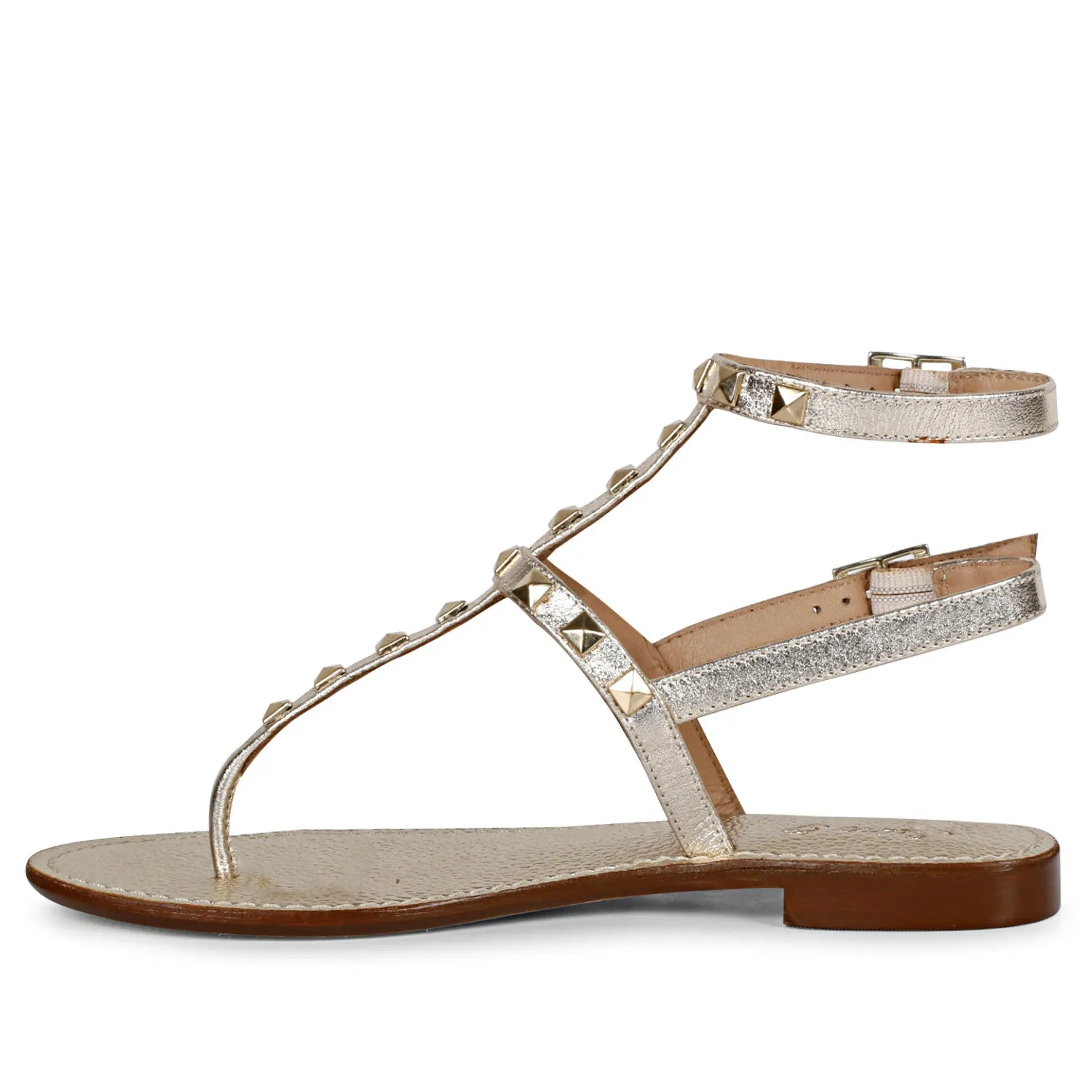 Saint Irene Platin Leather Metal Studded Flat Sandals.