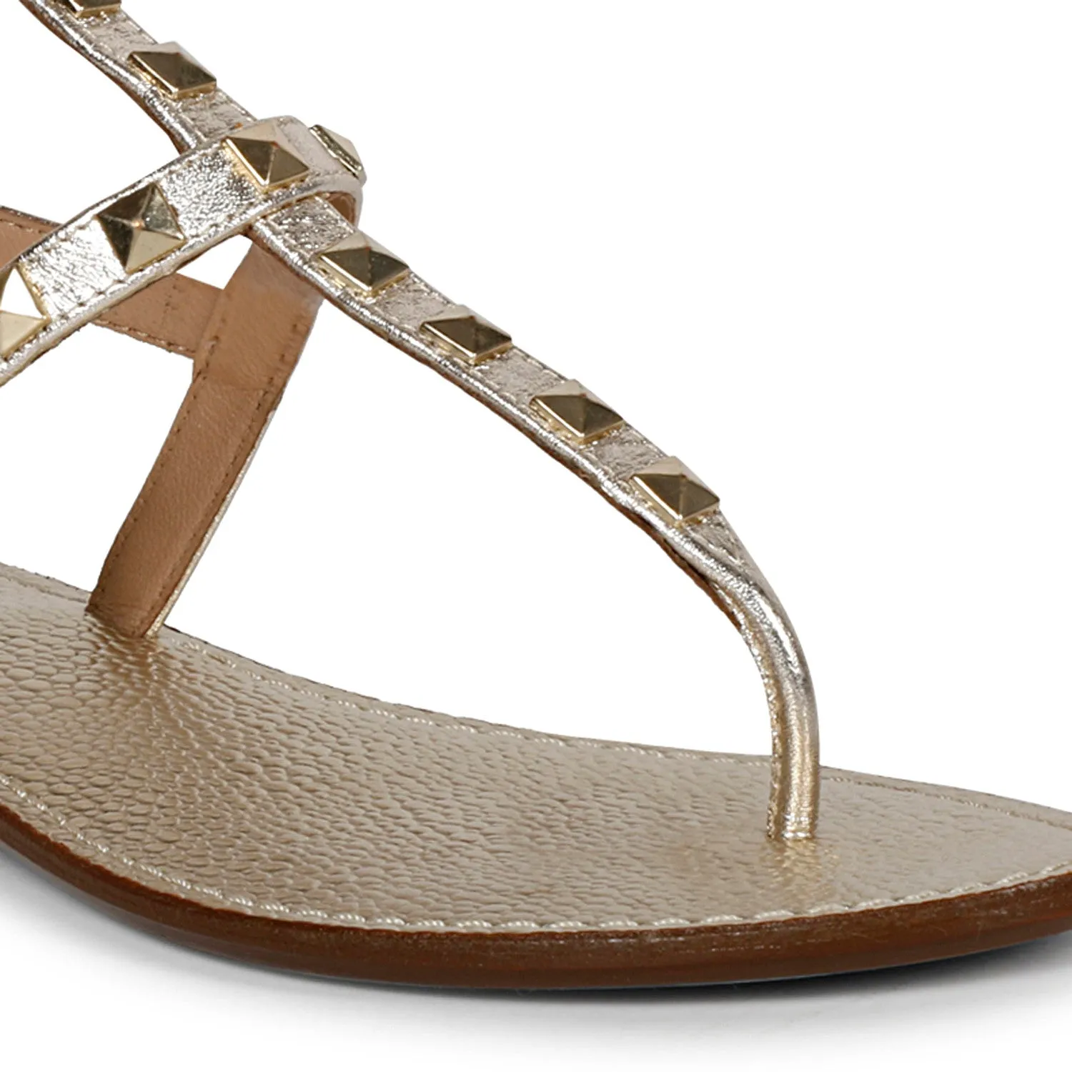 Saint Irene Platin Leather Metal Studded Flat Sandals.