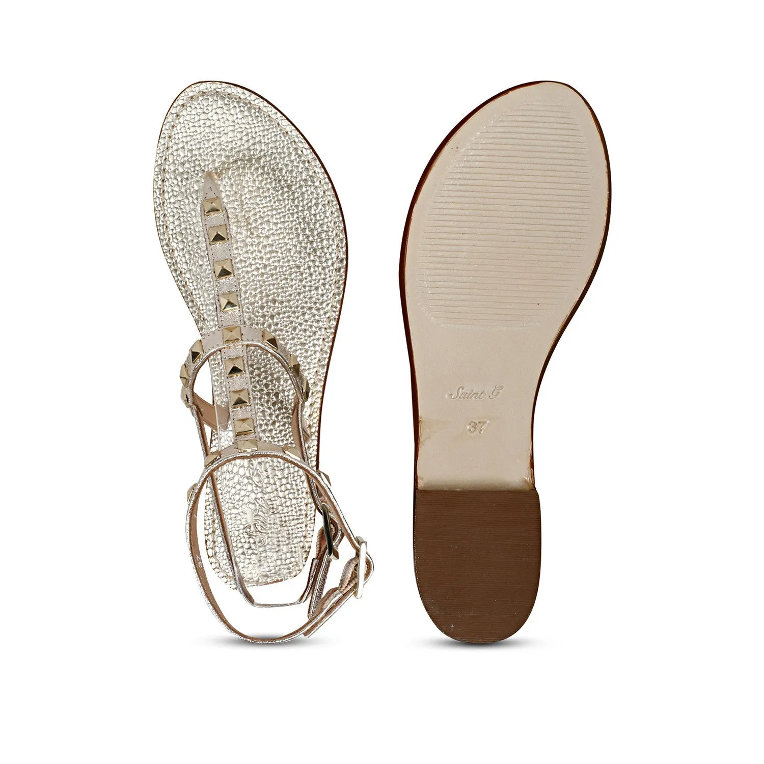 Saint Irene Platin Leather Metal Studded Flat Sandals.