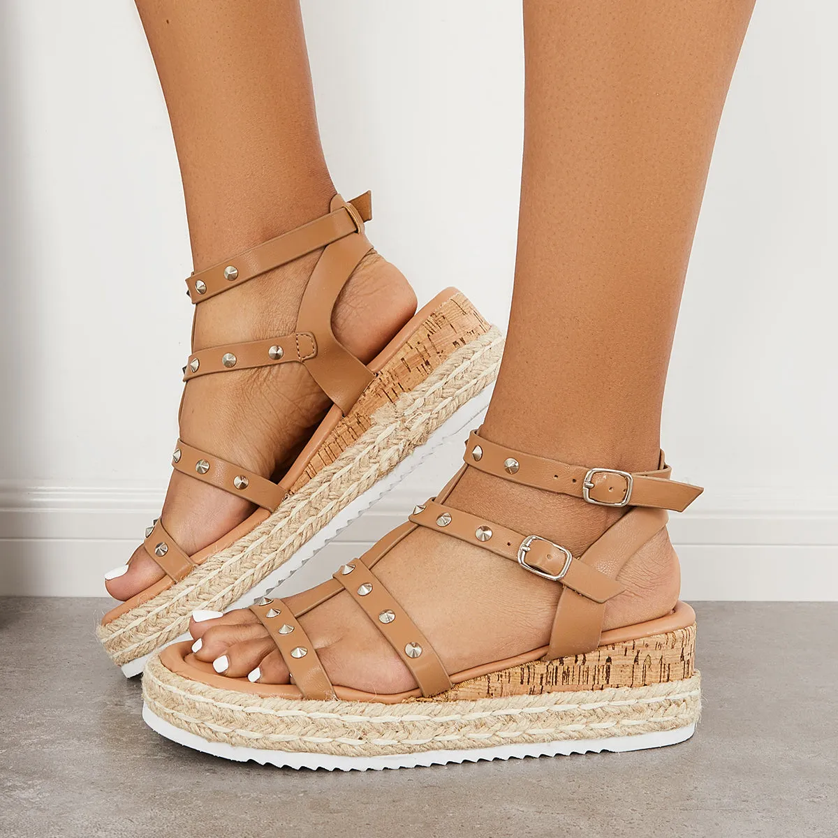 Sohiwoo Women Studded Platform Wedges Espadrille Ankle T-Strap Sandals