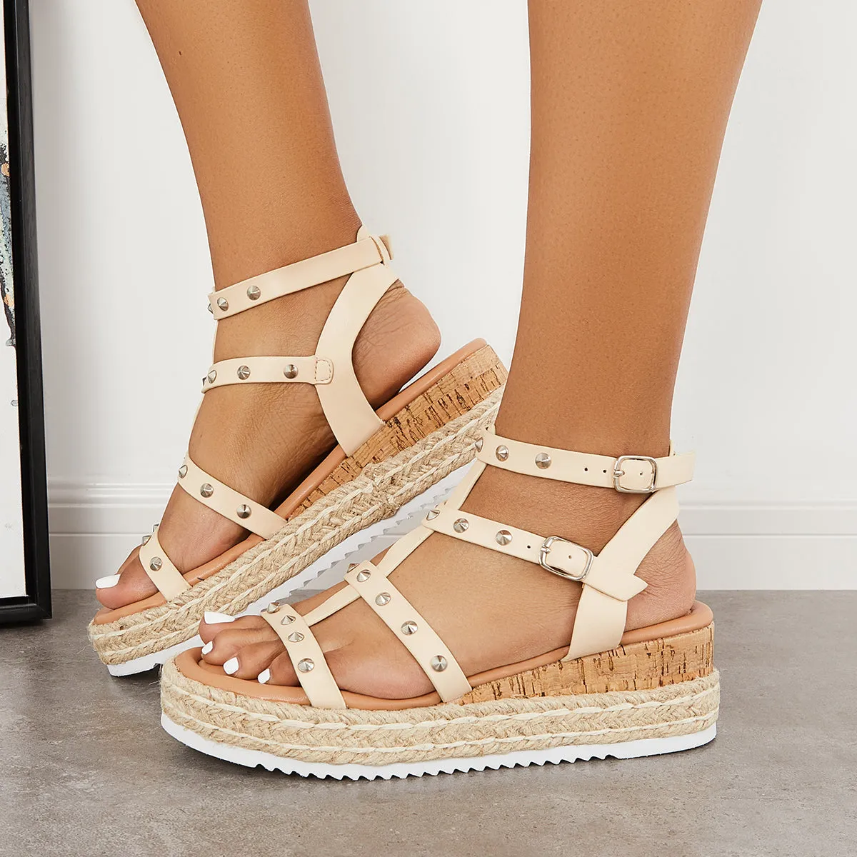 Sohiwoo Women Studded Platform Wedges Espadrille Ankle T-Strap Sandals