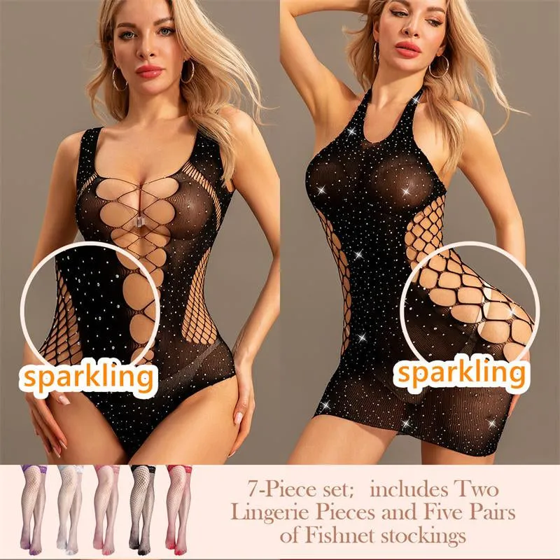 Sparkle Rhinestone Fishnet Teddy Dress Fishnet Bodysuit Babydoll Mini Dress Underwear