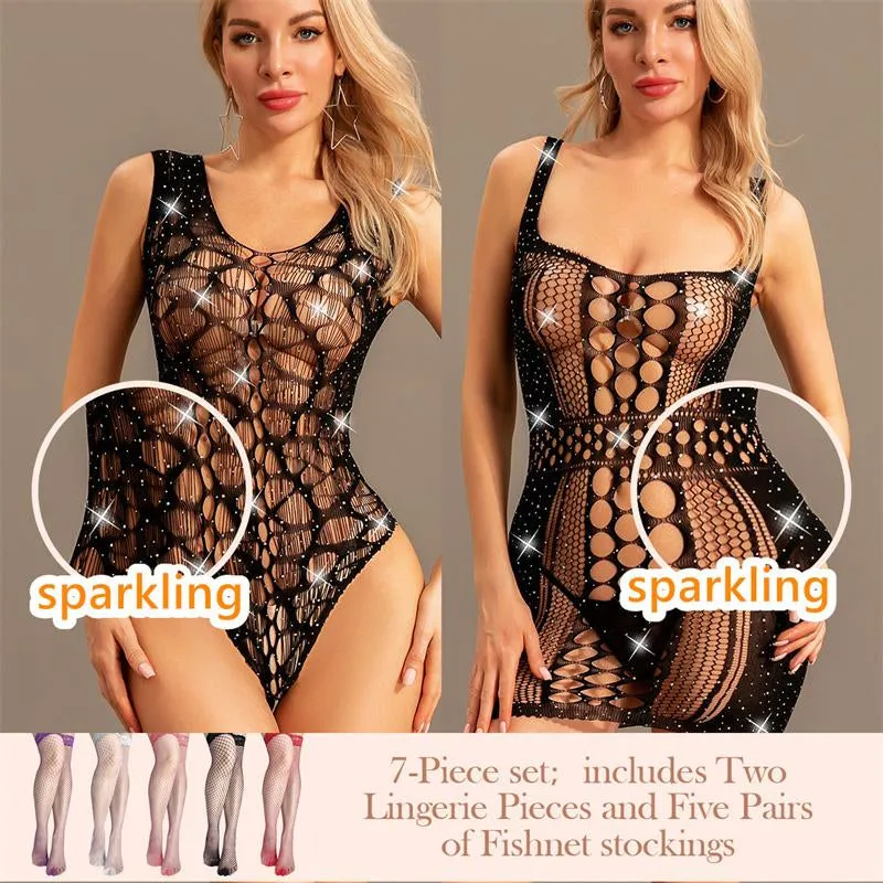 Sparkle Rhinestone Fishnet Teddy Dress Fishnet Bodysuit Babydoll Mini Dress Underwear