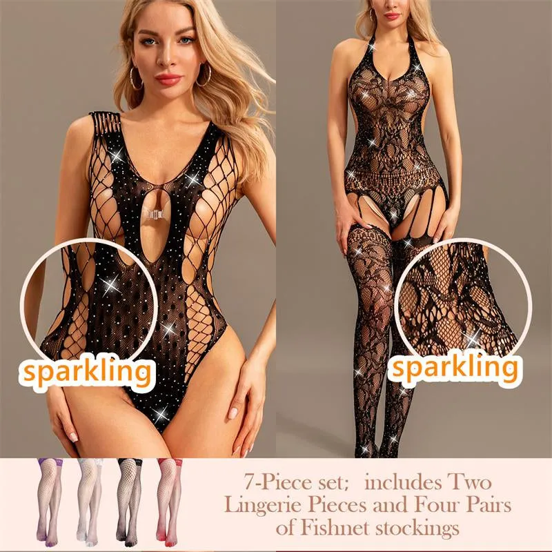 Sparkle Rhinestone Fishnet Teddy Dress Fishnet Bodysuit Babydoll Mini Dress Underwear