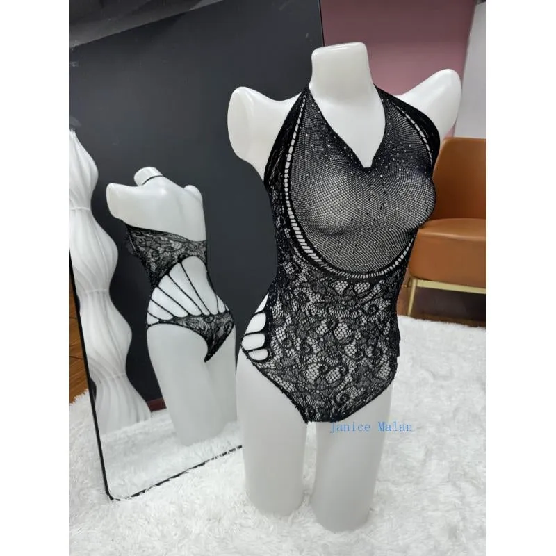 Sparkle Rhinestone Fishnet Teddy Dress Fishnet Bodysuit Babydoll Mini Dress Underwear