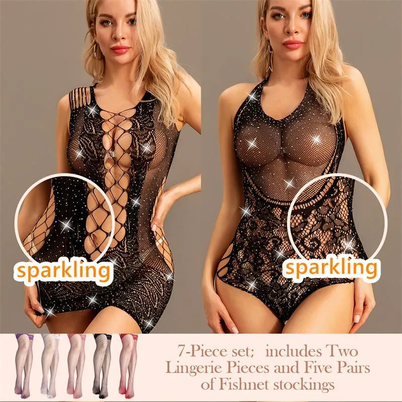 Sparkle Rhinestone Fishnet Teddy Dress Fishnet Bodysuit Babydoll Mini Dress Underwear