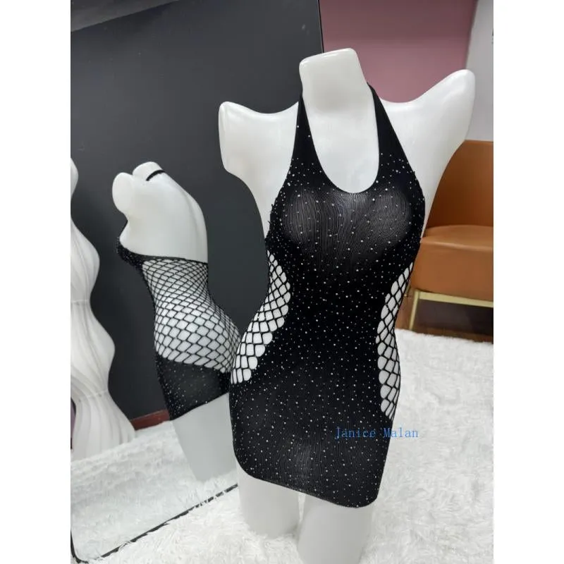 Sparkle Rhinestone Fishnet Teddy Dress Fishnet Bodysuit Babydoll Mini Dress Underwear