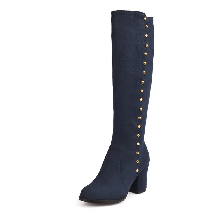 Studded Knee High Boots Chunky High Heels Shoes for Woman 1372