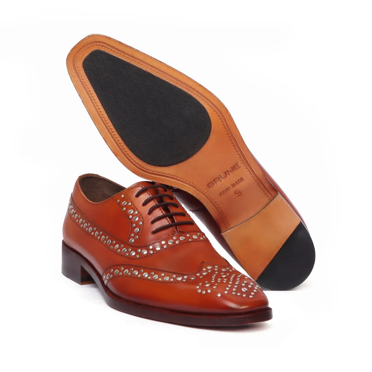 Studded Tan Long Tail Brogues/Oxford Leather Shoe By Brune & Bareskin