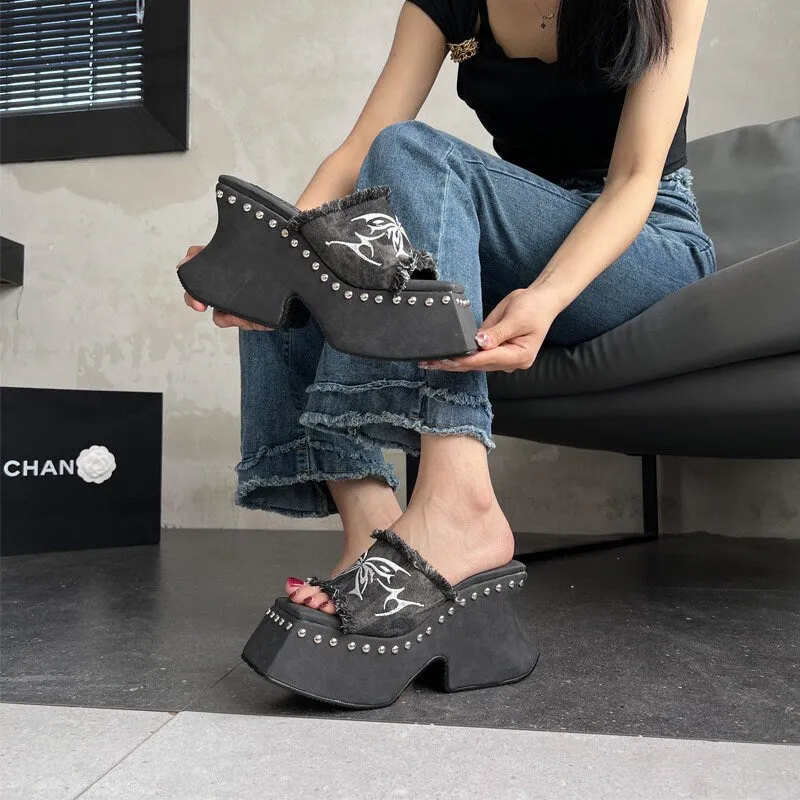 Stylish Platform Slides for Women, High Heel Pumps, Black Denim Rivet Heels, Peep Toe Square Head High Heels, Square Toe Platform Slippers