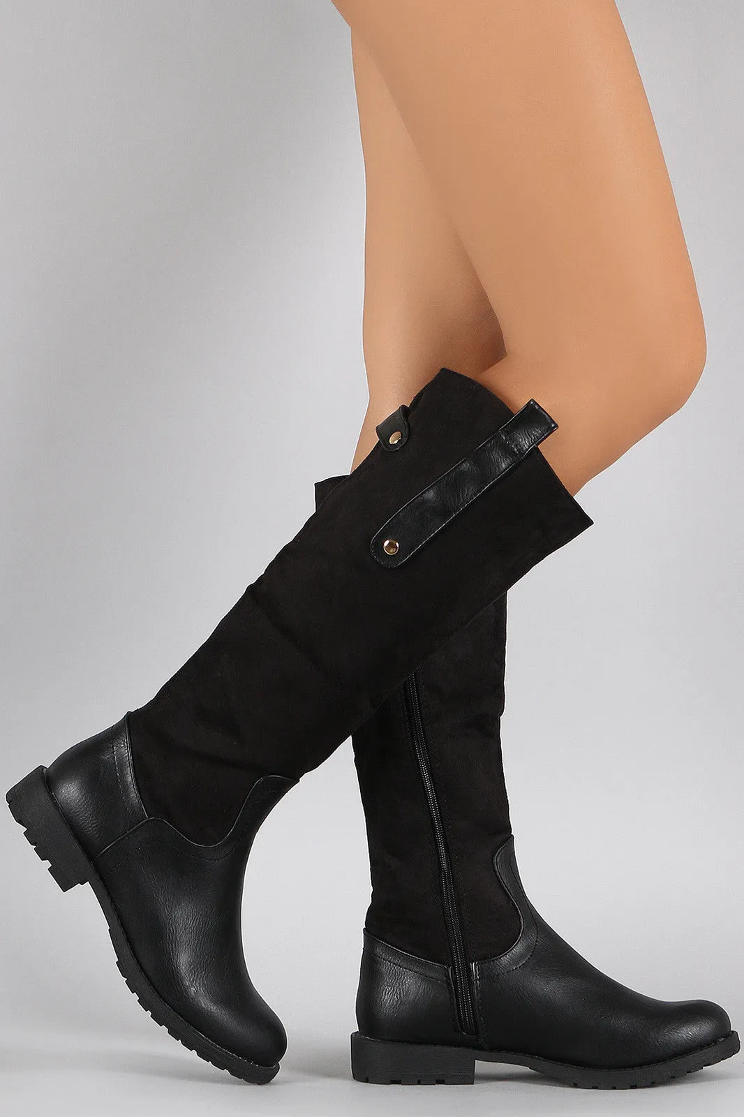 Suede Contrast Studded Riding Knee High Boots