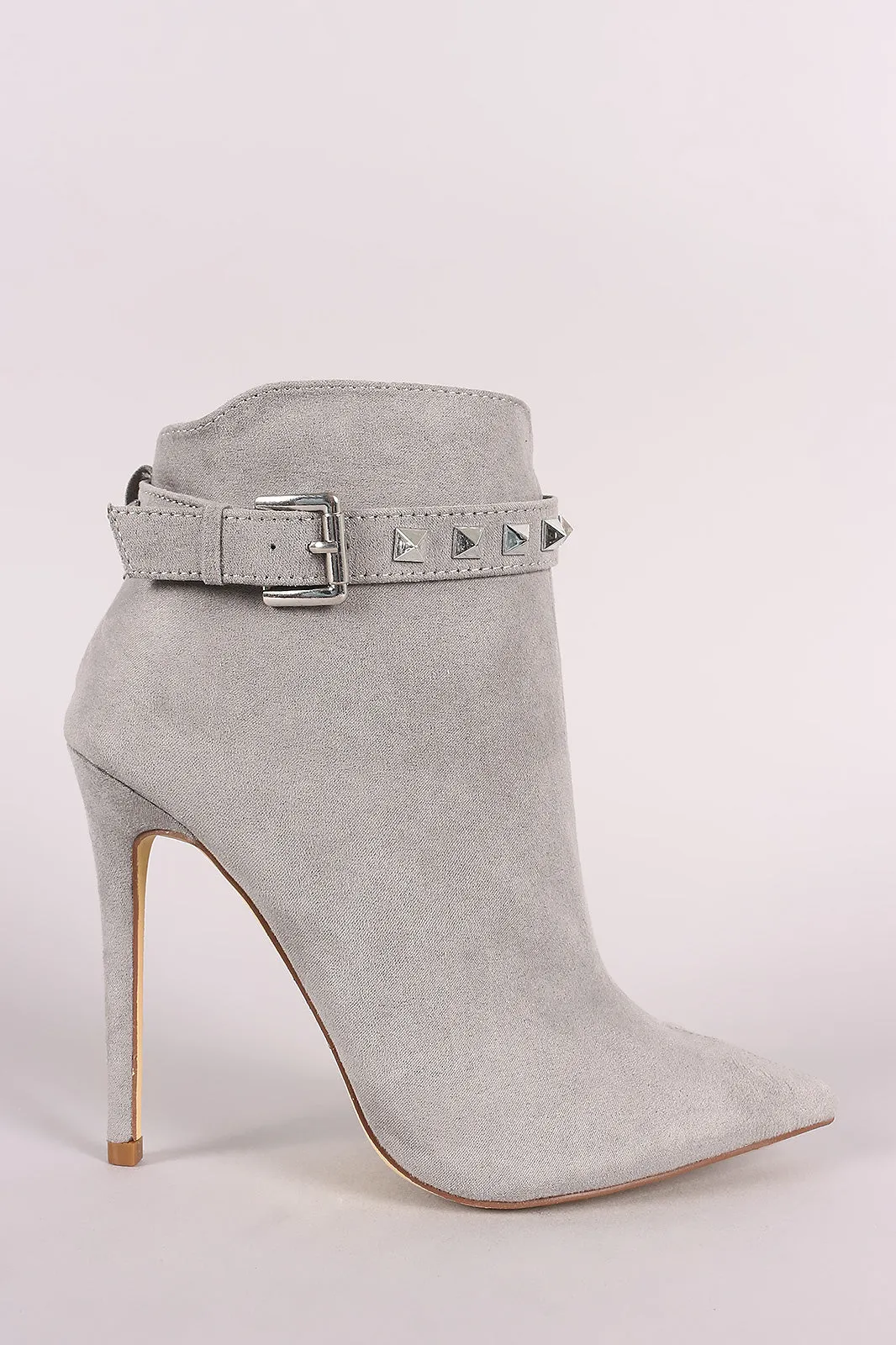 Suede Studded Buckled Strap Pointy Toe Stiletto Ankle Boots