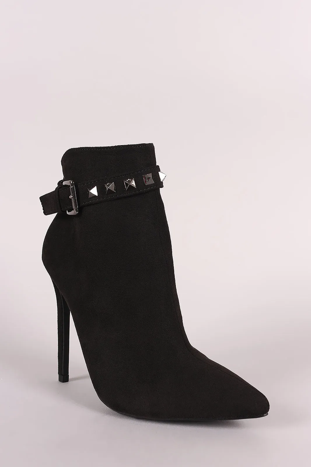 Suede Studded Buckled Strap Pointy Toe Stiletto Ankle Boots