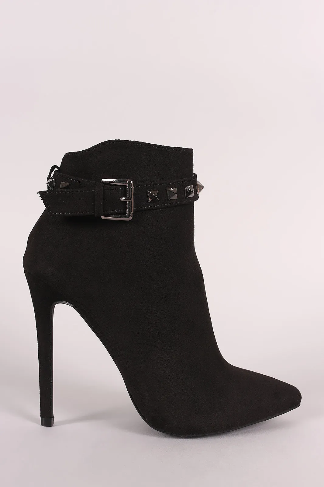 Suede Studded Buckled Strap Pointy Toe Stiletto Ankle Boots