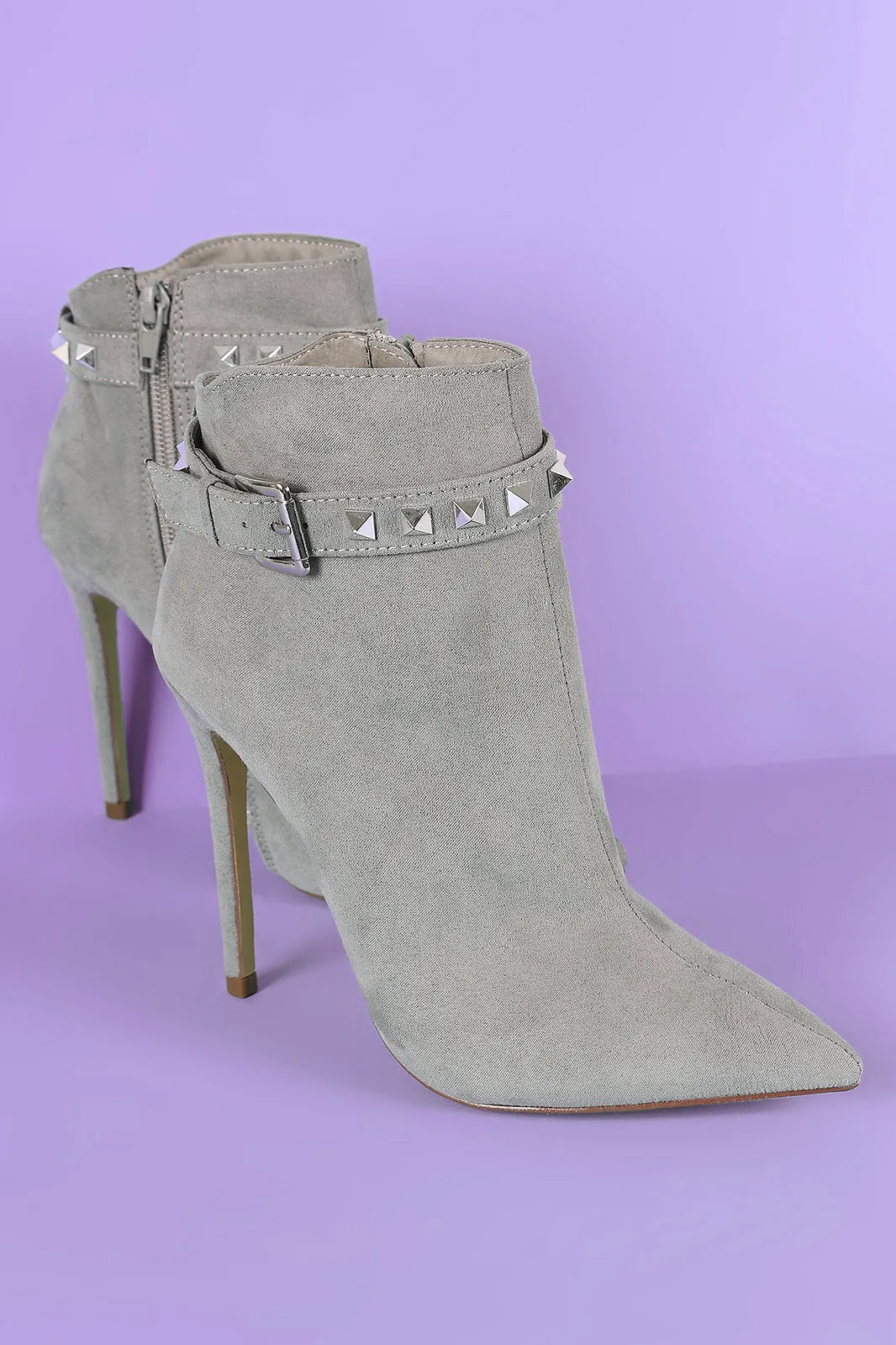 Suede Studded Buckled Strap Pointy Toe Stiletto Ankle Boots