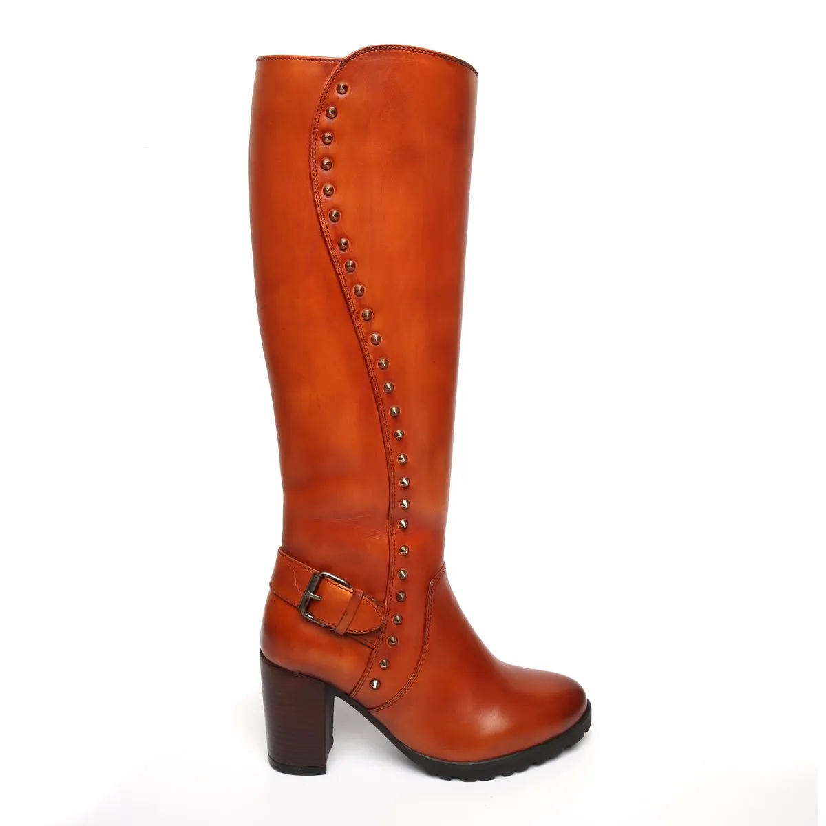 Tan Side Studded Leather Long Ladies Boots By Brune & Bareskin