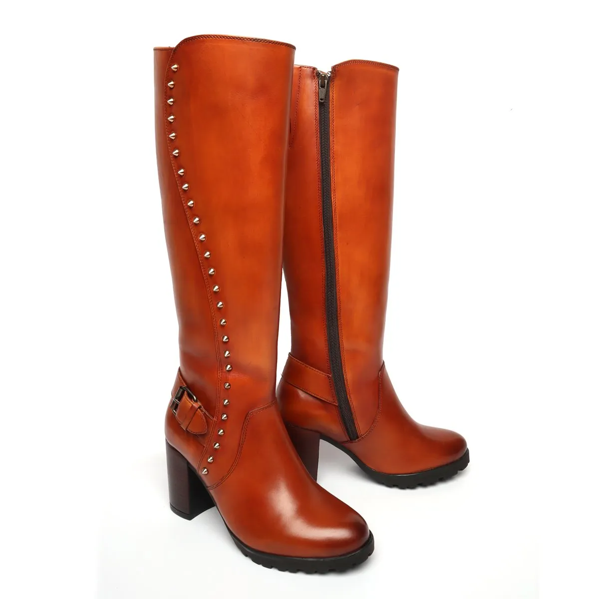 Tan Side Studded Leather Long Ladies Boots By Brune & Bareskin