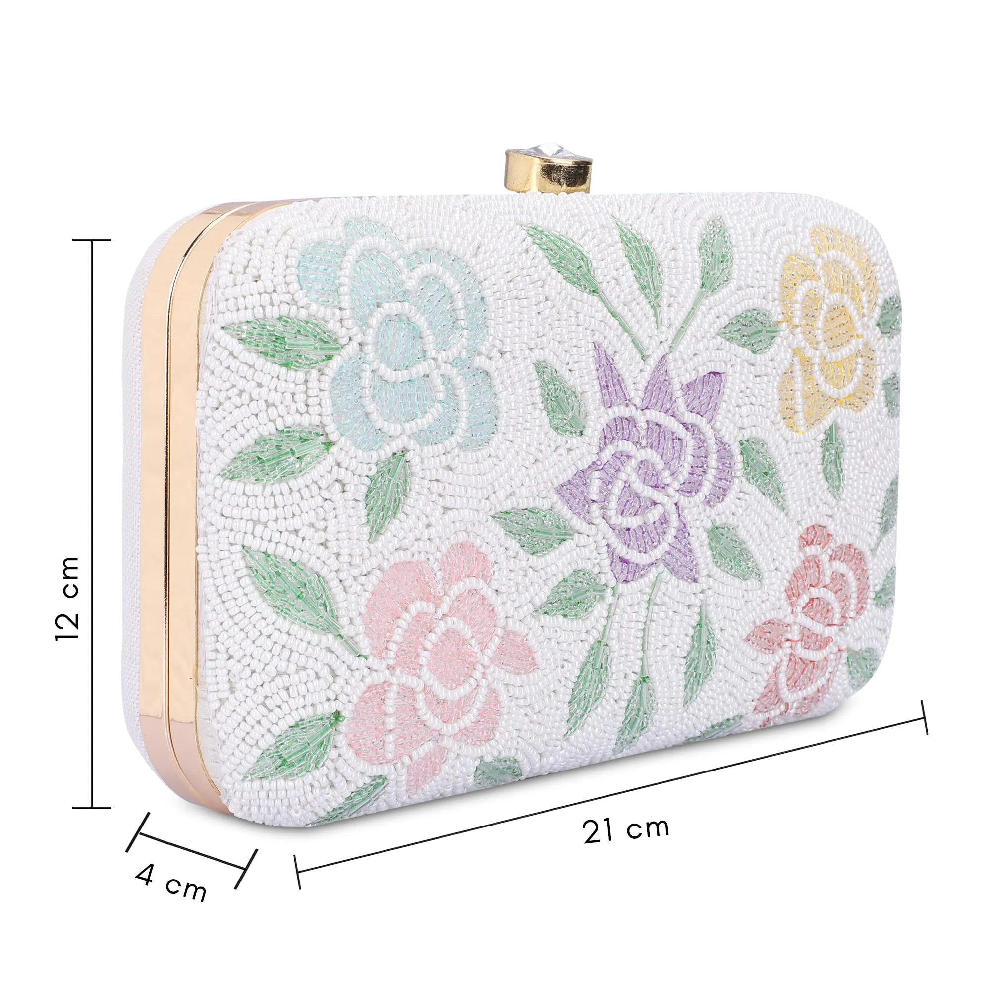 THE CLOWNFISH Polyester Norah Collection Womens Party Clutch Ladies Wallet With Chain Strap Evening Bag With Beads Work Floral Design (Snow White)