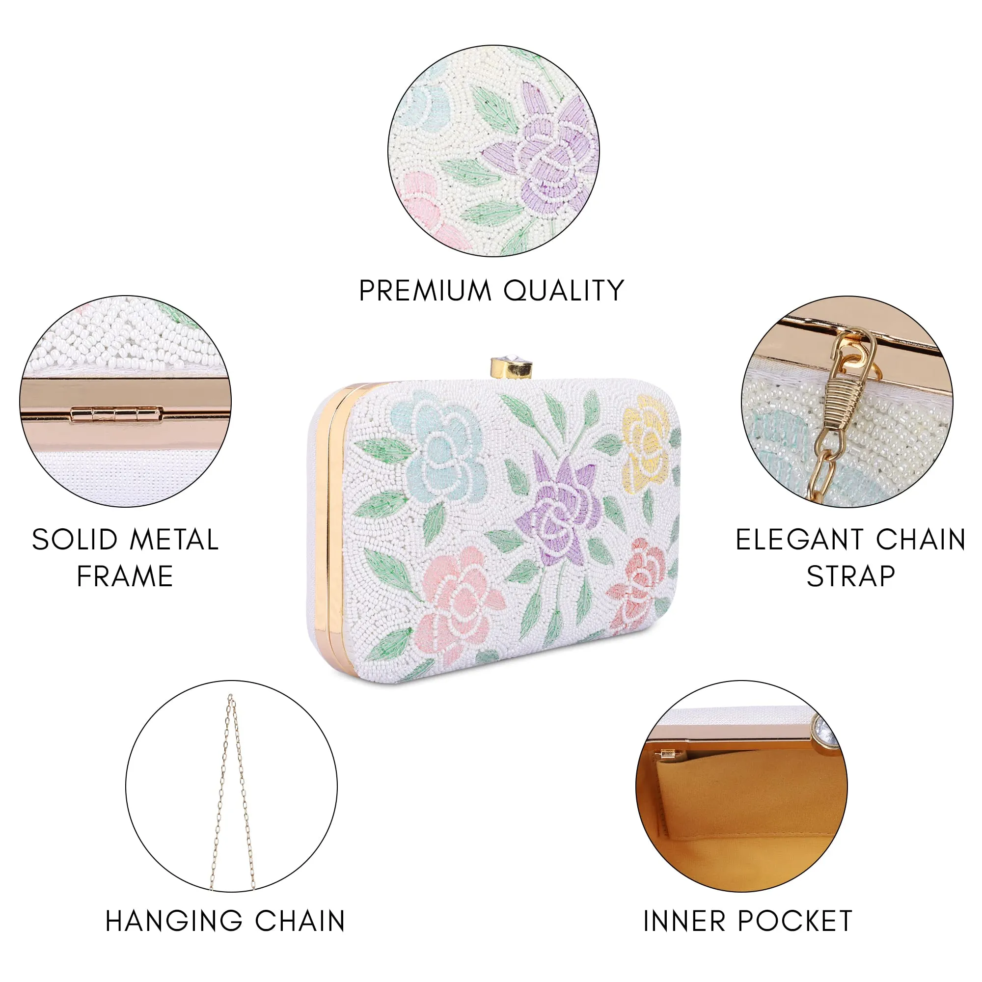 THE CLOWNFISH Polyester Norah Collection Womens Party Clutch Ladies Wallet With Chain Strap Evening Bag With Beads Work Floral Design (Snow White)