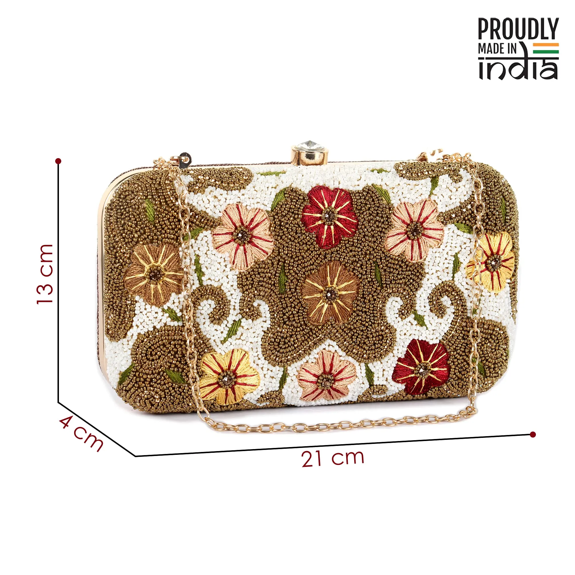 THE CLOWNFISH Senorita Collection Womens Party Clutch Ladies Wallet Evening Bag with Fashionable Round Corners Beads Work and Floral Embroidered Design (Brown)