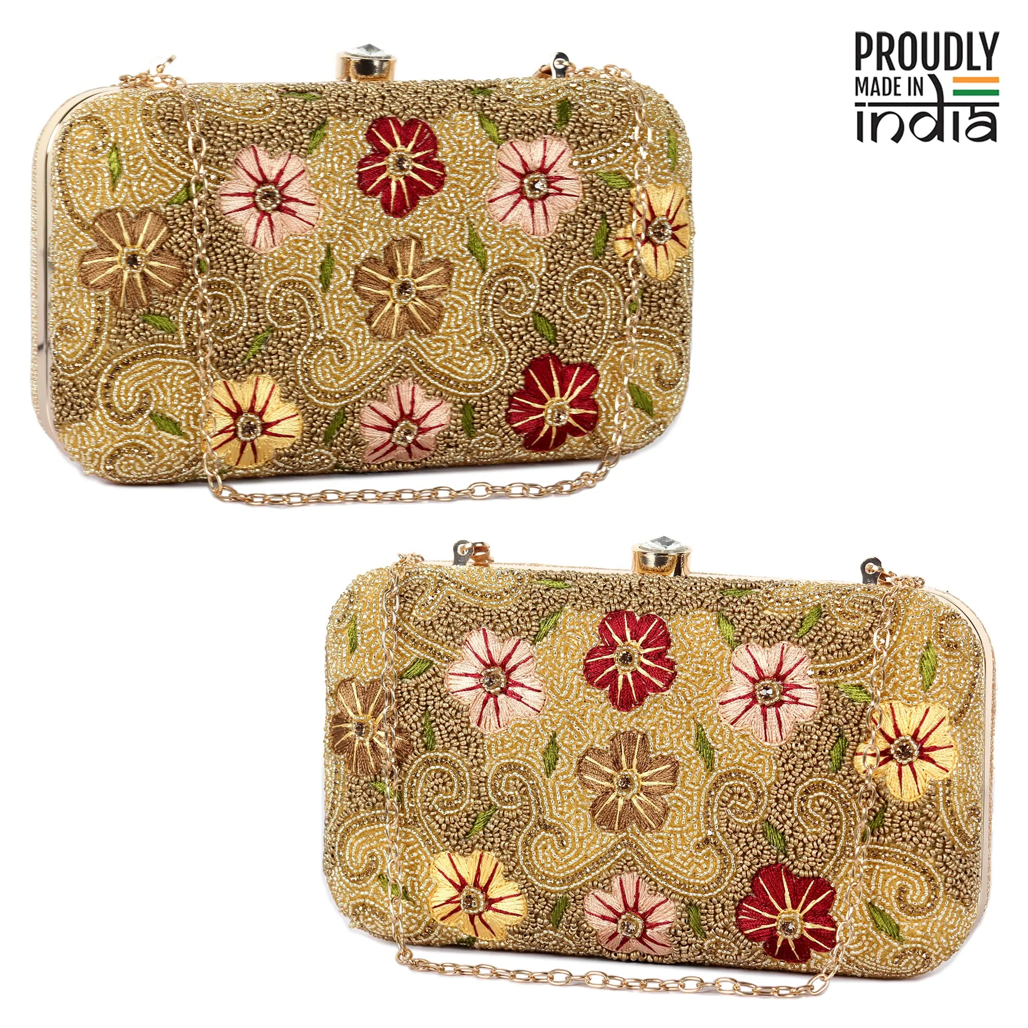 THE CLOWNFISH Senorita Collection Womens Party Clutch Ladies Wallet Evening Bag with Fashionable Round Corners Beads Work and Floral Embroidered Design (Yellow Ochre)