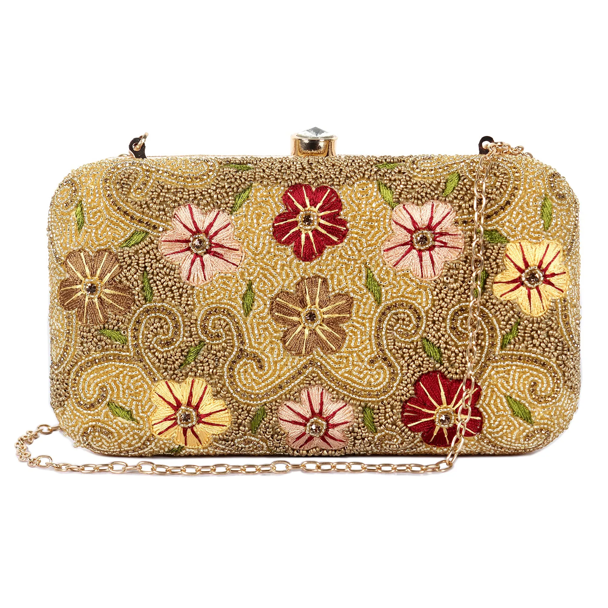 THE CLOWNFISH Senorita Collection Womens Party Clutch Ladies Wallet Evening Bag with Fashionable Round Corners Beads Work and Floral Embroidered Design (Yellow Ochre)