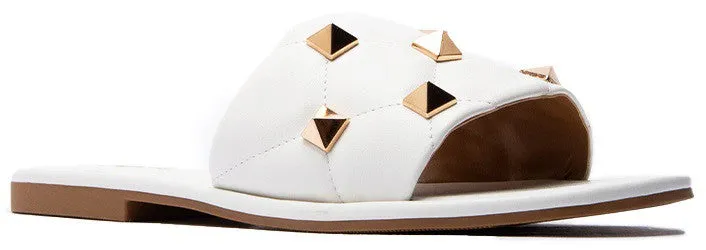 White Studded Single Strap Flat Sandals - Final Sale