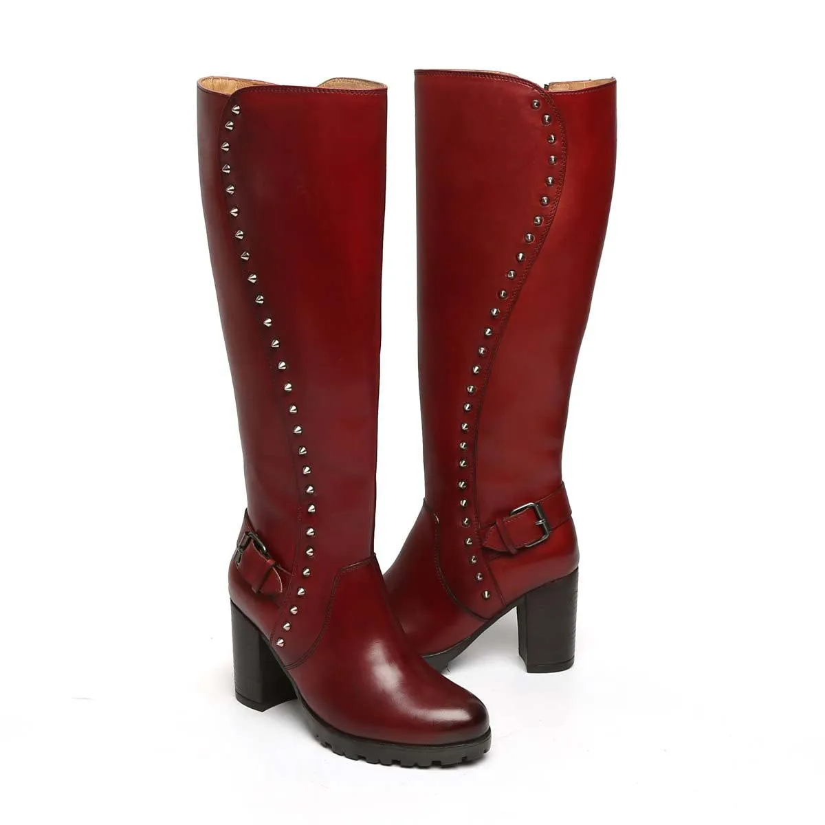 Wine Side Studded Leather Long Ladies Boots By Brune & Bareskin