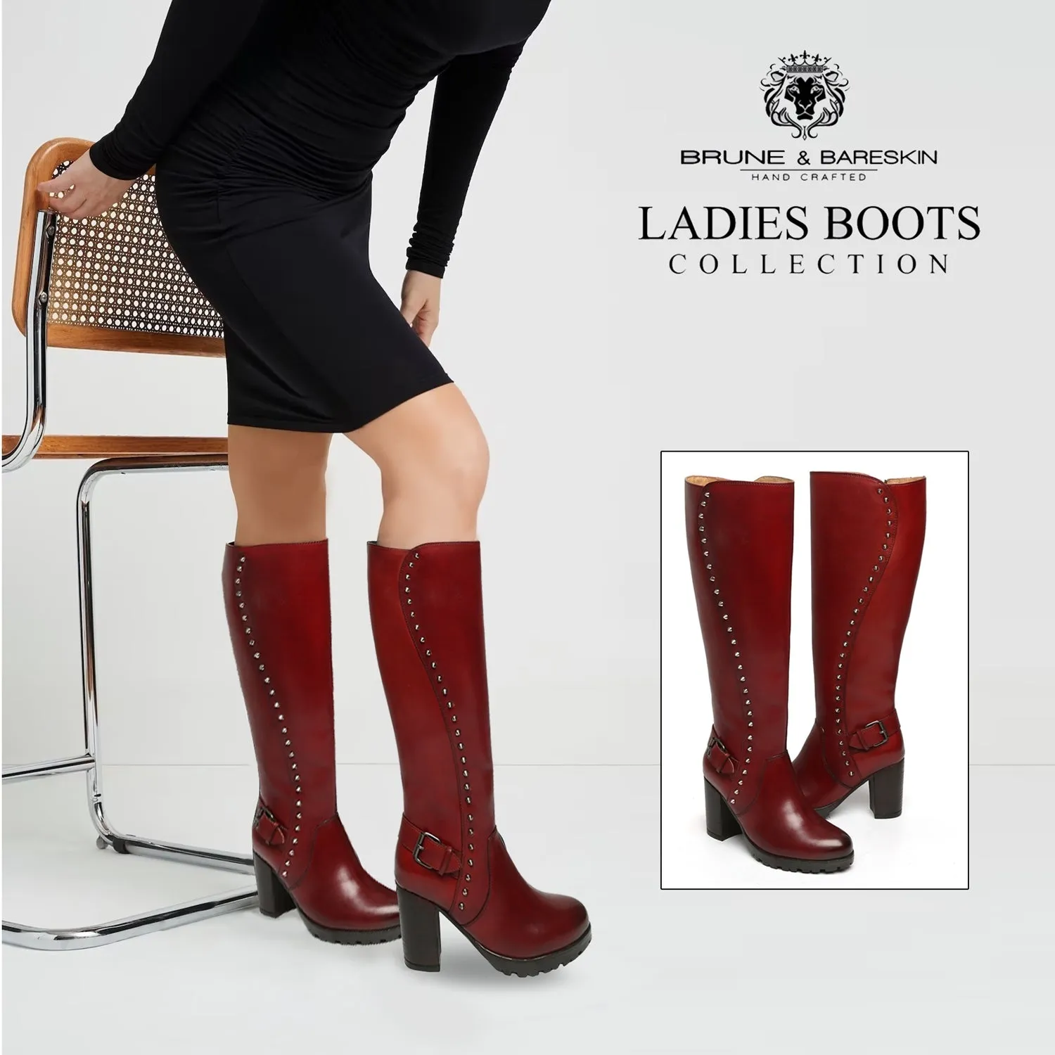 Wine Side Studded Leather Long Ladies Boots By Brune & Bareskin