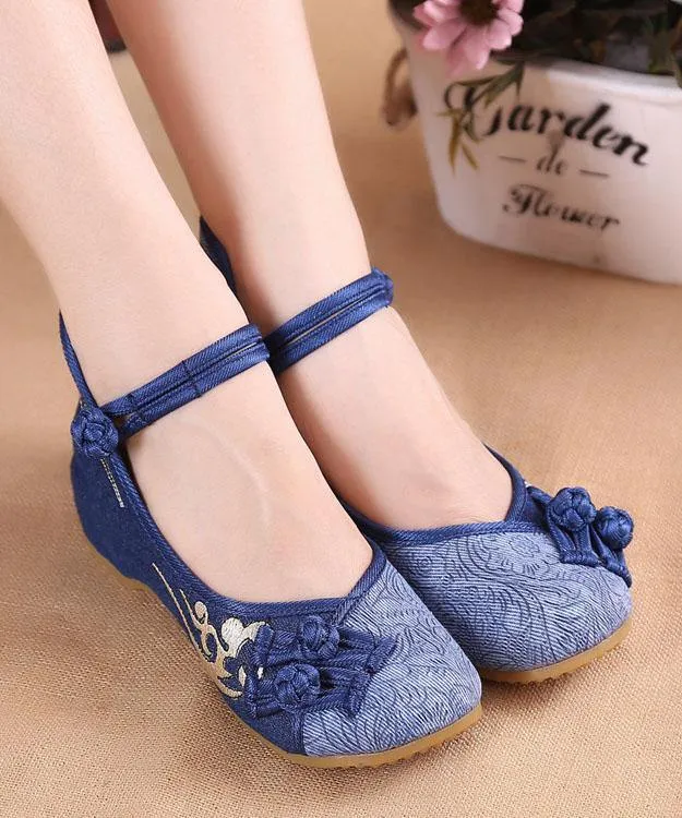 Women Buckle Strap Wedge High Wedge Heels Shoes Blue Oriental Cotton Fabric