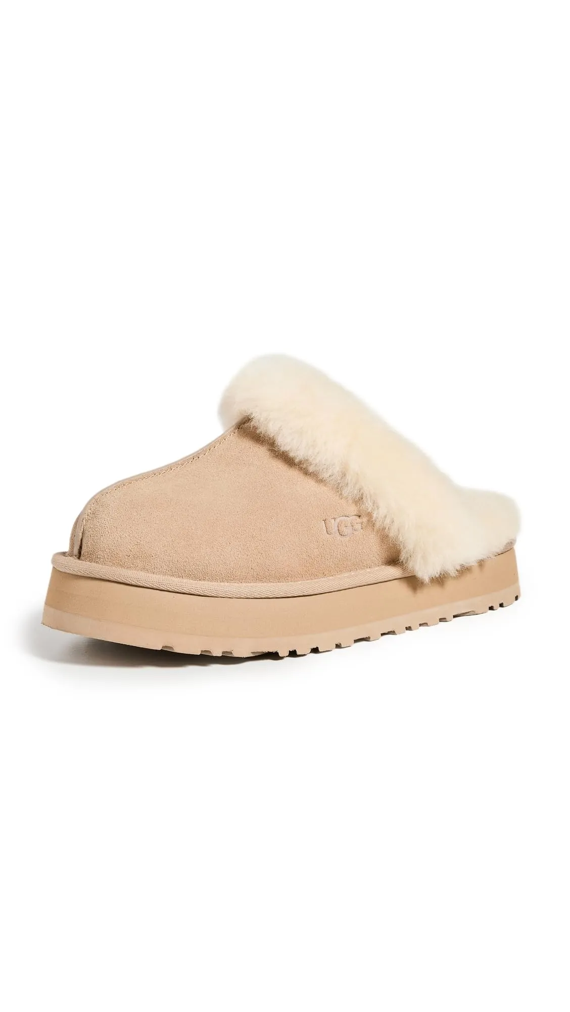 Women's Shoes UGG DISQUETTE Platform Sheepskin & Suede Slippers 1122550 SAND