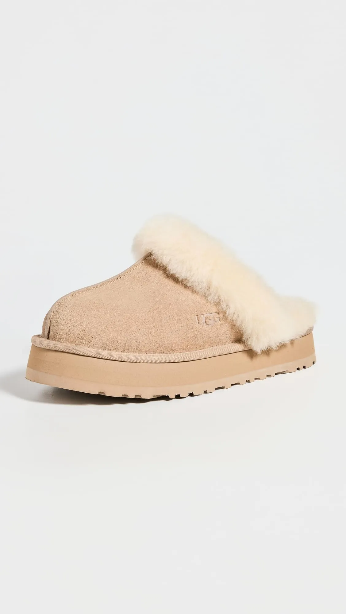 Women's Shoes UGG DISQUETTE Platform Sheepskin & Suede Slippers 1122550 SAND