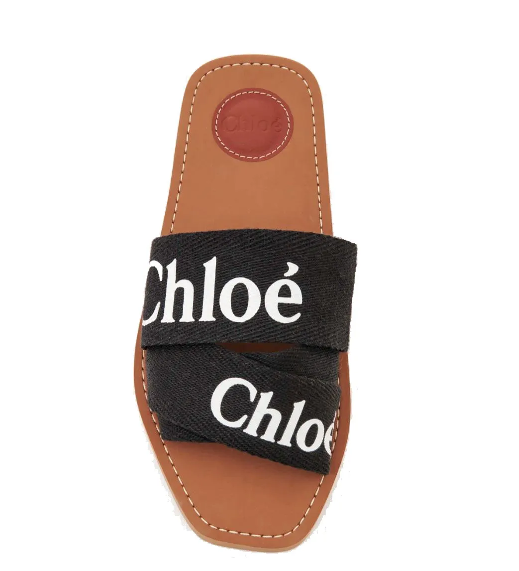 Woody Logo Slide Linen, Black